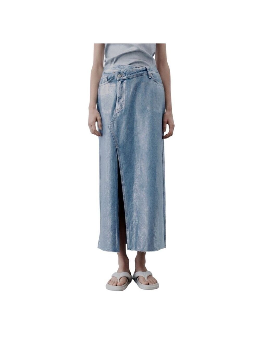 ZARA NEW MIDI ASYMMETRIC DENIM METALLIC COATED SKIRT BLUE SILVER Size Small